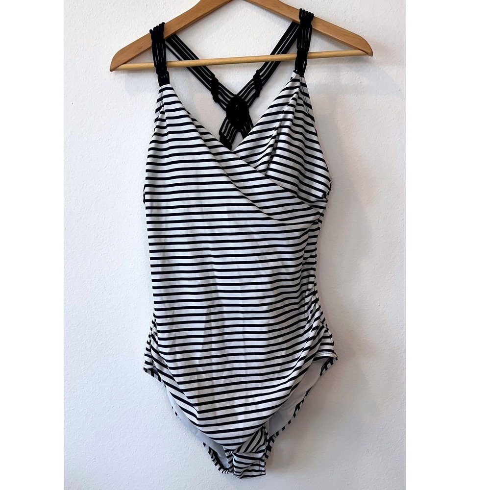 Kona Sol Navy Striped Shirred Macrame Strap One-Piece Swimsuit, Size XL